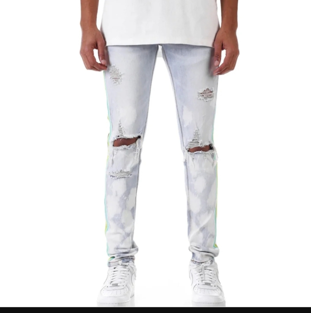 KDNK Tri Striped Bleached Skinny Jean Tinted Blue Size 32 New